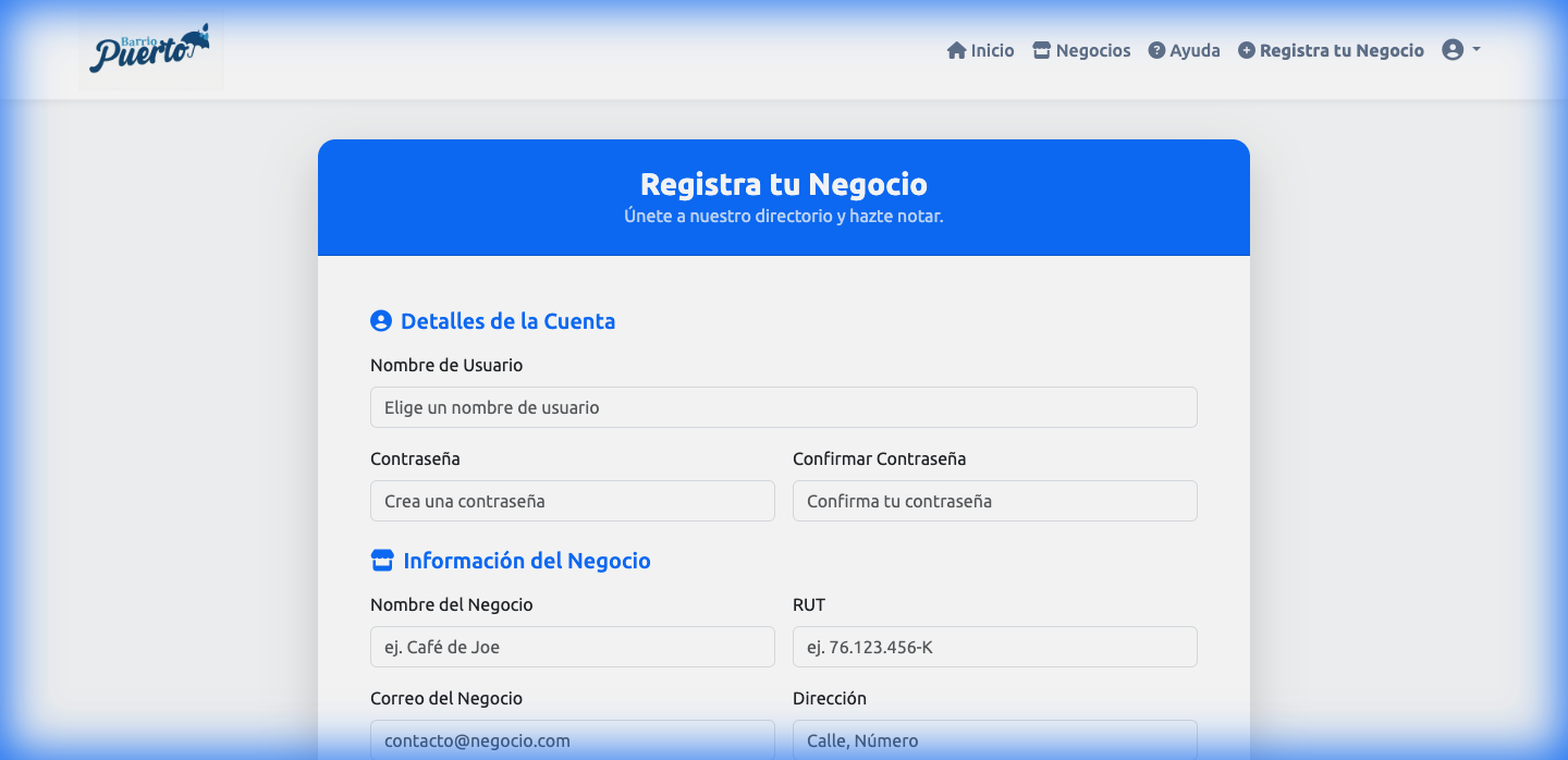 Captura de pantalla registro de negocio